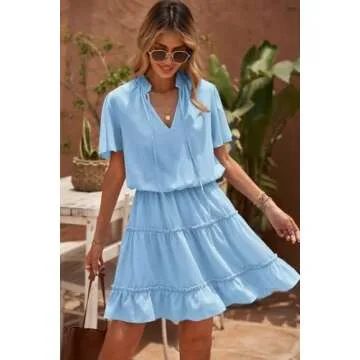 Dokotoo Womens Juniors Cute Spring Casual Summer Sexy Deep V Neck Ruffle Chiffon Lantern Short Sleeve Elegant Empire Waist Flowy Pleated Mini Short Skirt Dresses for Women Party 2024 Blue Small