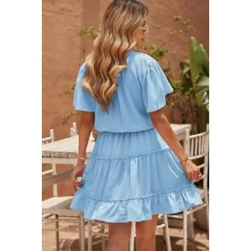 Dokotoo Womens Juniors Cute Spring Casual Summer Sexy Deep V Neck Ruffle Chiffon Lantern Short Sleeve Elegant Empire Waist Flowy Pleated Mini Short Skirt Dresses for Women Party 2024 Blue Small