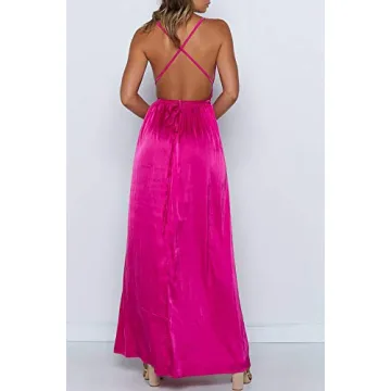 Yimeili Women's Satin Dress Backless V Neck Cocktail Maxi Dress