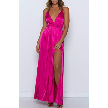 Yimeili Women's Satin Dress Backless V Neck Cocktail Maxi Dress