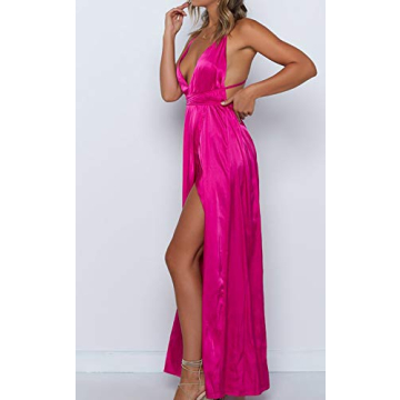 Yimeili Women's Satin Dress Backless V Neck Cocktail Maxi Dress