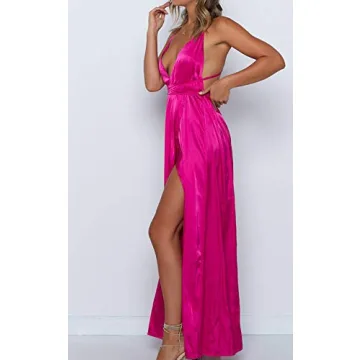 Yimeili Women's Satin Dress Backless V Neck Cocktail Maxi Dress