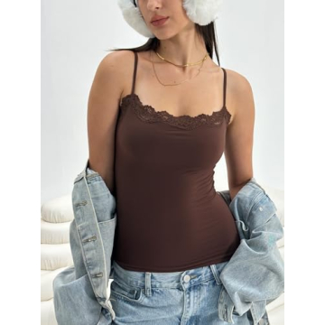 Starrylion Padded Lace Camisole Tops for Women Double Lined Sexy Square Neck Black Tank Top Going Out Outfits Club Party Shirt Cocoa S