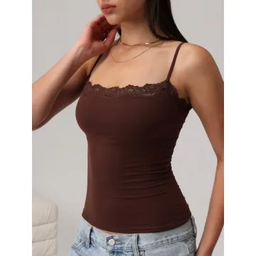 Starrylion Padded Lace Camisole Tops for Women Double Lined Sexy Square Neck Black Tank Top Going Out Outfits Club Party Shirt Cocoa S