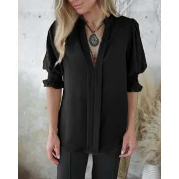 EVALESS Women's Short Sleeve Summer Tops Trendy 2024 V-Neck Ruffle Sleeve Blouse Casual Top with Smocked Cuffs Shirts X-Large