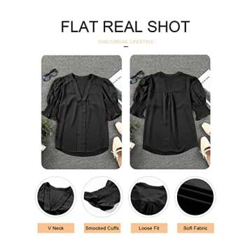 EVALESS Women's Short Sleeve Summer Tops Trendy 2024 V-Neck Ruffle Sleeve Blouse Casual Top with Smocked Cuffs Shirts X-Large