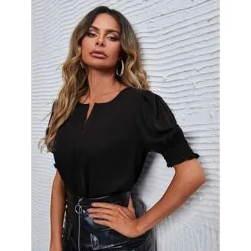 EVALESS Women's Short Sleeve Summer Tops Trendy 2024 V-Neck Ruffle Sleeve Blouse Casual Top with Smocked Cuffs Shirts X-Large