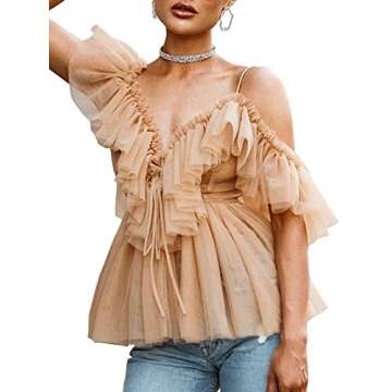 Simplee Women's Off Shoulder Sexy Ruffle Deep V neck Blouse Shirt Lace Up Top