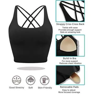 Youloveit Sports Bras for Women Padded Longline Yoga Cami Crop Tank Tops with Built-in Bra(M,Black)