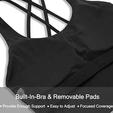Youloveit Sports Bras for Women Padded Longline Yoga Cami Crop Tank Tops with Built-in Bra(M,Black)