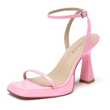 Reitoye Pink Heels for Women Ankle Strap Platform Heeled Sandals Square Open Toe Chunky High Heels B...
