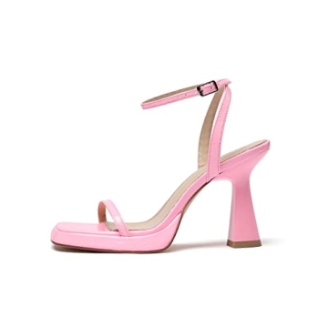 Reitoye Pink Heels for Women Ankle Strap Platform Heeled Sandals Square Open Toe Chunky High Heels Block Heels Size 8