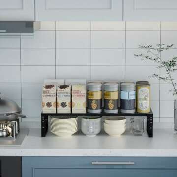 Wobmmi Expandable Spice Rack Kitchen Cabinet Shelf Organizer, Stackable Storage Shelves Racks, Adjustable Counter Shelving for Cabinets, Countertop, Cupboard,Pantry and More(1Pack/Black/Medium)