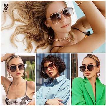 SOJOS Trendy Aviator Sunglasses Womens Oversized Retro Rhinestone Double Bridge Square Women Shades SJ1195 Gold Green Grading Lens