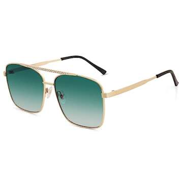 SOJOS Trendy Aviator Sunglasses Womens Oversized Retro Rhinestone Double Bridge Square Women Shades SJ1195 Gold Green Grading Lens
