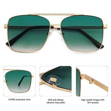 SOJOS Trendy Aviator Sunglasses Womens Oversized Retro Rhinestone Double Bridge Square Women Shades SJ1195 Gold Green Grading Lens