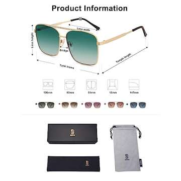 SOJOS Trendy Aviator Sunglasses Womens Oversized Retro Rhinestone Double Bridge Square Women Shades SJ1195 Gold Green Grading Lens
