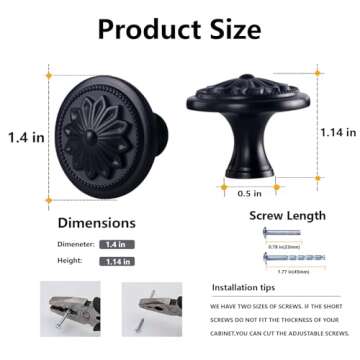 Xlroaafs Kitchen Cabinet Knobs, 10 Pack Matte Black Zinc Alloy, 1-2/5'' Round Handles for Cabinets and Drawers Dresser, Included Screws