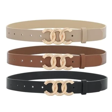 Pettata 3 Pack Women Belt for Jeans Dress Cinch Waist Belt for Ladies Faux Leather Belt with Gold Bu...