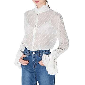 ASMAX HaoDuoYi Womens Sheer Mesh Flare Sleeve Stand Collar Top Blouse Shirt White