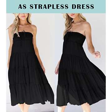 HAEOF Women's Summer Elastic High Waist Boho Maxi Skirt Casual Drawstring A Line Long Skirt Black Medium