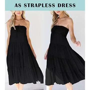 HAEOF Women's Summer Elastic High Waist Boho Maxi Skirt Casual Drawstring A Line Long Skirt Black Medium