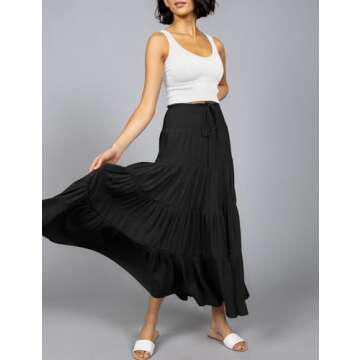 HAEOF Women's Summer Elastic High Waist Boho Maxi Skirt Casual Drawstring A Line Long Skirt Black Medium