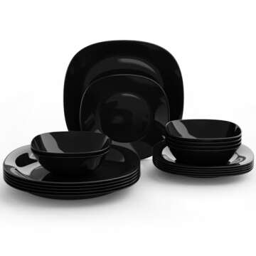 Black Dinnerware Set, MEKY 18-PCS Kitchen Dinner Set Service for 6, Safety for Microwave &Dishwasher,Square Glass Plates,Dishes, Bowls Set, Square Dinnerware Set