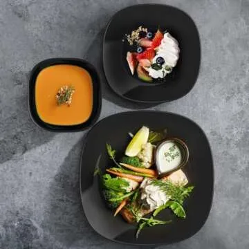 Black Dinnerware Set, MEKY 18-PCS Kitchen Dinner Set Service for 6, Safety for Microwave &Dishwasher,Square Glass Plates,Dishes, Bowls Set, Square Dinnerware Set