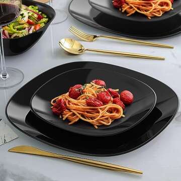 Black Dinnerware Set, MEKY 18-PCS Kitchen Dinner Set Service for 6, Safety for Microwave &Dishwasher,Square Glass Plates,Dishes, Bowls Set, Square Dinnerware Set