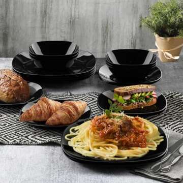 Black Dinnerware Set, MEKY 18-PCS Kitchen Dinner Set Service for 6, Safety for Microwave &Dishwasher,Square Glass Plates,Dishes, Bowls Set, Square Dinnerware Set
