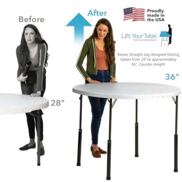 Lift Your Table® Folding Table Risers - Counter Height (for Straight Leg Design) - Made in The USA, Durable, Sturdy, Portable, Easy-to-Use Extensions Raise Straight Leg Folding Tables (Set of 4)