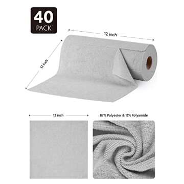 Fantasticlean Microfiber Cleaning Cloth Roll -40 Pack, Tear Away Microfiber Towels, 12" x 12", Reusable, Washable, Scratch Free, Ultra Absorbent Dish Rags for Car, Home, Garage or Shop (Grey)
