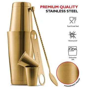 JoyTable Bar Set Cocktail Shaker Set - Stainless Steel Mixology Bartender Kit, 16PC Cocktail Kit, Gold Cocktail Set, Bar Tools: 30oz Martini Shaker, Muddler, Bar Kit Cocktail Book, Jigger and Pourers