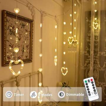 YOLIGHT Heart Curtain Lights, 9.8ft Valentine's Day Window Lights, USB Plug LED Heart String Lights,...