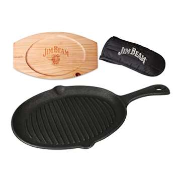 Jim Beam JB0159, Heavy Duty Construction, Pre Seasoned Cast Iron Skillet with Wooden Base and Mitt, Black,Small
