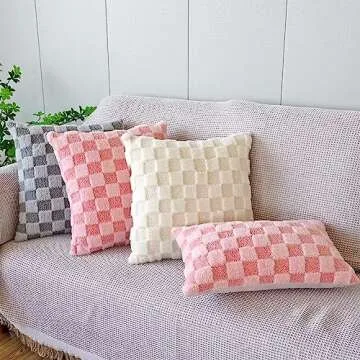 SKXKJian Pack of 2 Faux Fur Plush Decorative Throw Pillow Covers 18x18 Square Checkered Soft Faux Fu...