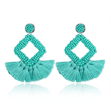 Statement Tassel Drop Earrings - Bohemian Beaded Square Fringe Green Dangle Earrings Gift for Women ...