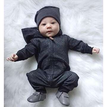 AEEMCEM Newborn Baby Boy Girl Clothes Solid Color Zip Up Long Sleeve Hooded Romper Jumpsuit Coverall Fall Winter Outfit (A-Black&Gray, 6-12 Months)
