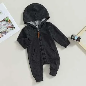 AEEMCEM Newborn Baby Boy Girl Clothes Solid Color Zip Up Long Sleeve Hooded Romper Jumpsuit Coverall Fall Winter Outfit (A-Black&Gray, 6-12 Months)