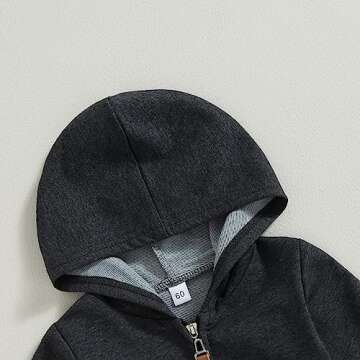 AEEMCEM Newborn Baby Boy Girl Clothes Solid Color Zip Up Long Sleeve Hooded Romper Jumpsuit Coverall Fall Winter Outfit (A-Black&Gray, 6-12 Months)