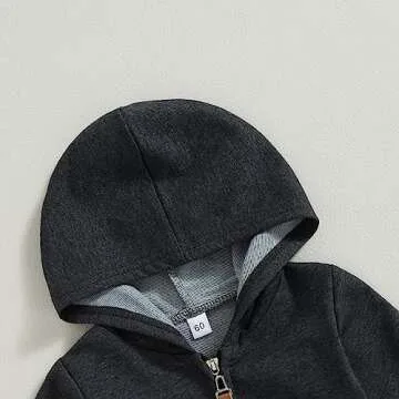 AEEMCEM Newborn Baby Boy Girl Clothes Solid Color Zip Up Long Sleeve Hooded Romper Jumpsuit Coverall Fall Winter Outfit (A-Black&Gray, 6-12 Months)