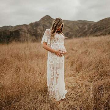 Women's Long Sleeve V Neck White Lace Floral Maternity Gown Maxi Photography Dress