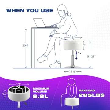 GREENSTELL Vanity Stool with Storage, 19" to 23" Height Adjustable PU Leather Vanity Chair, 360° Swivel Makeup Stool with Removeable Tray, Modern Ottoman for Bedroom Bathroom, White