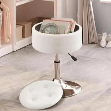 GREENSTELL Vanity Stool with Storage, 19" to 23" Height Adjustable PU Leather Vanity Chair, 360° Swivel Makeup Stool with Removeable Tray, Modern Ottoman for Bedroom Bathroom, White