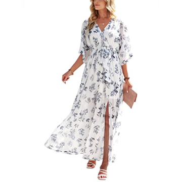 ANRABESS Women’s Summer Loose Boho Flowy Wrap V Neck 3/4 Sleeve Floral Print Slit Beach Wedding Gu...
