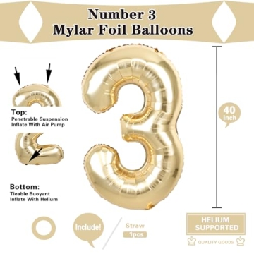 Stunning 40 Inch White Gold Number 3 Balloon for Parties