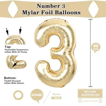 Stunning 40 Inch White Gold Number 3 Balloon for Parties
