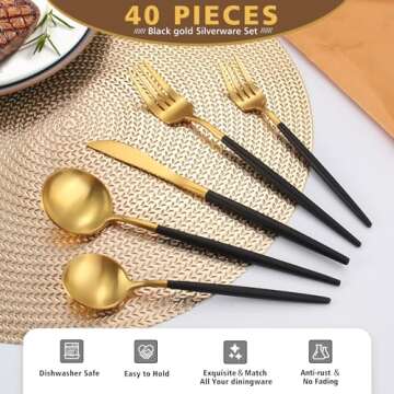 Matte Black Gold Silverware Set, Oliviola 40-Piece Stainless Steel Flatware Cutlery Set Service for 8, Satin Finish Kitchen Utensil Set, Dishwasher Safe