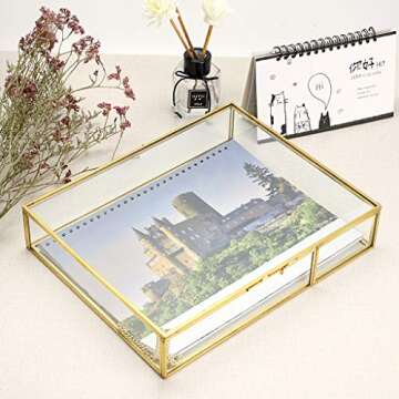 Hipiwe Gold Glass Photo Box,Vintage Photo Storage Organizer, Trinket Box Jewelry Display Organizer K...